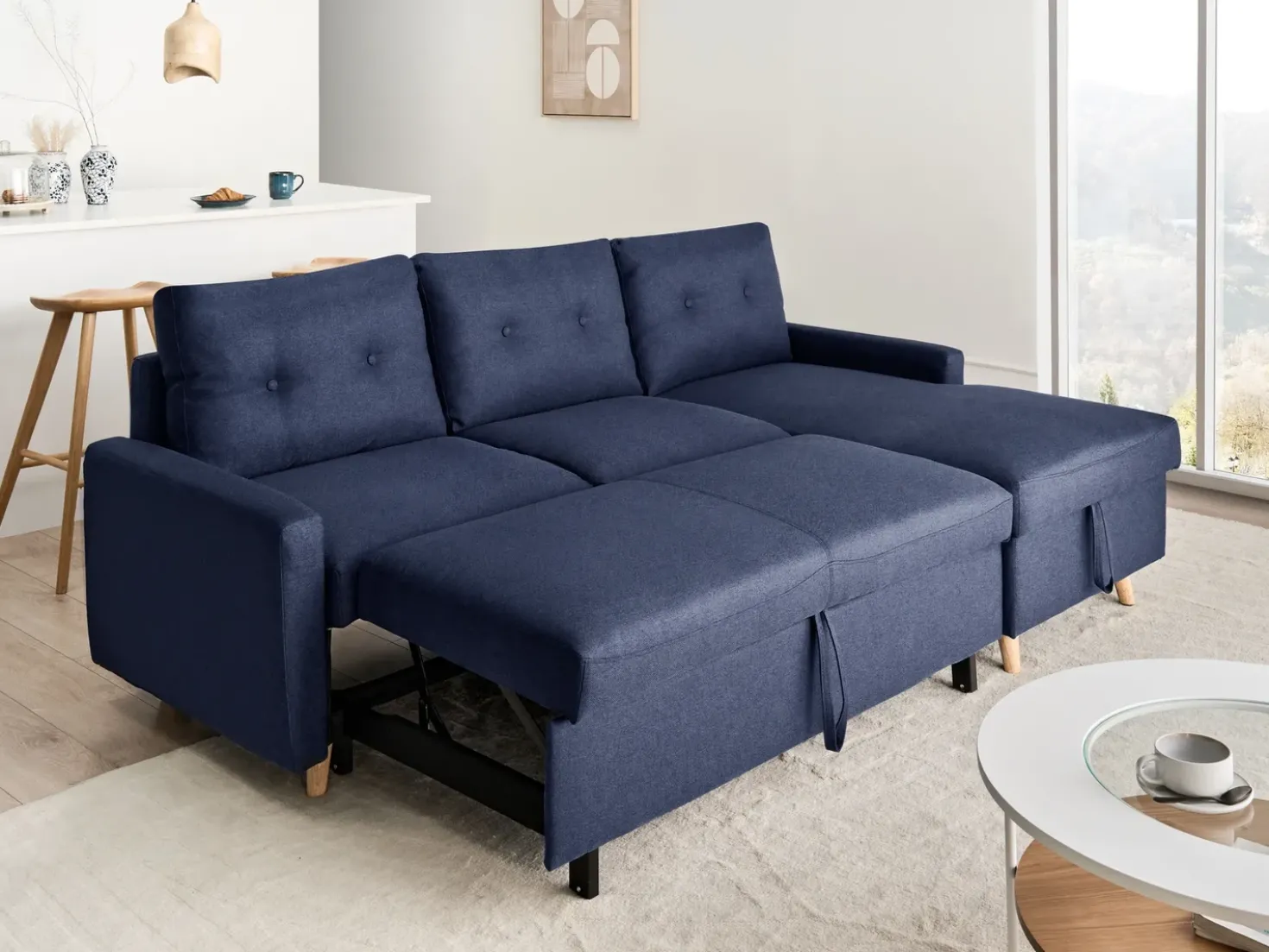 Divano letto angolare 4 posti FLAKK Tessuto Blu marino con contenitore Lato Sinistro