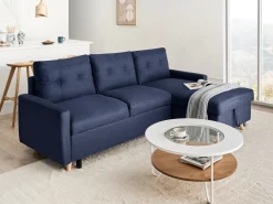 Divano letto angolare 4 posti FLAKK Tessuto Blu marino con contenitore Lato Sinistro