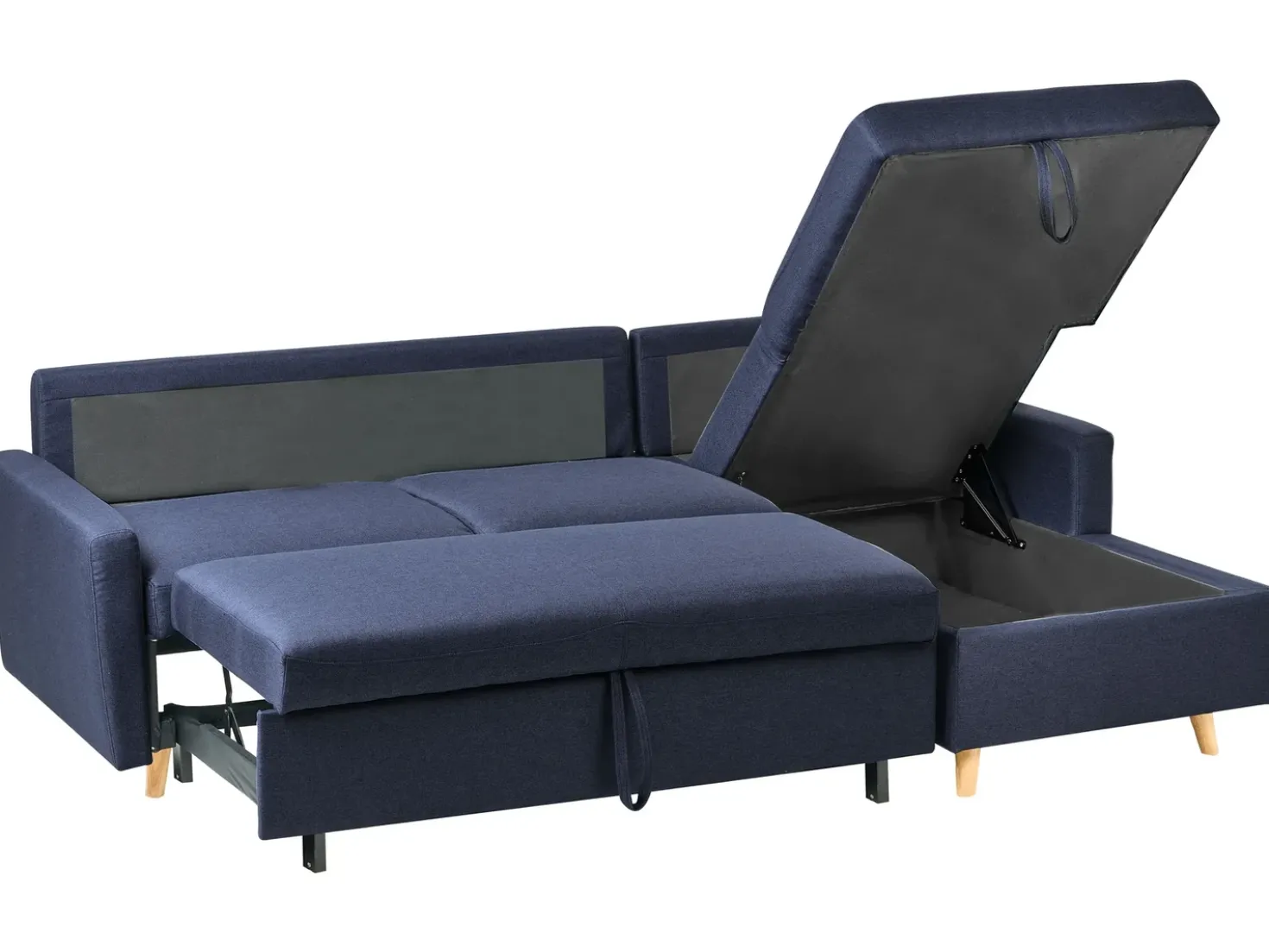 Divano letto angolare 4 posti FLAKK Tessuto Blu marino con contenitore Lato Sinistro