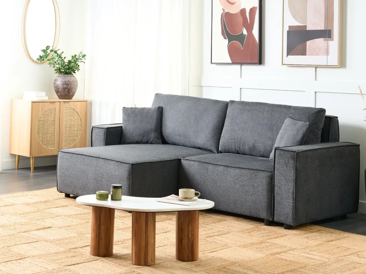 Divano letto angolare 3 posti KARILA Tessuto Grigio scuro con contenitore Lato destro