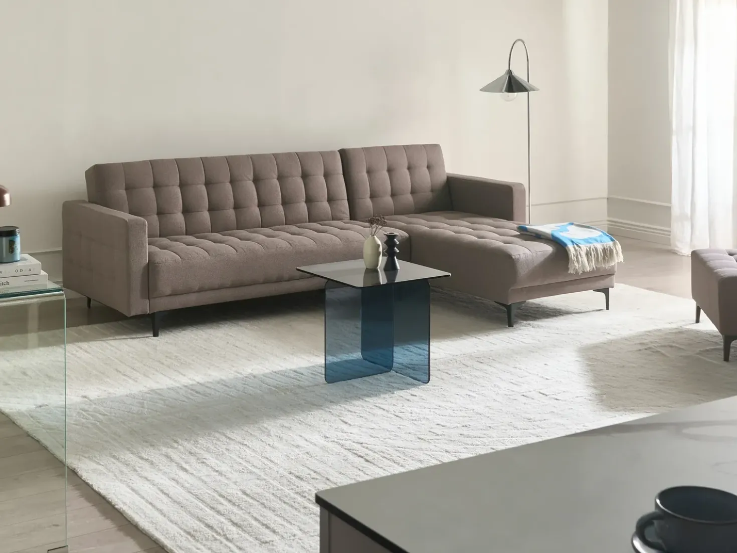 Divano letto angolare modulare 4 posti ABERDEEN Tessuto Tortora Lato Sinistro