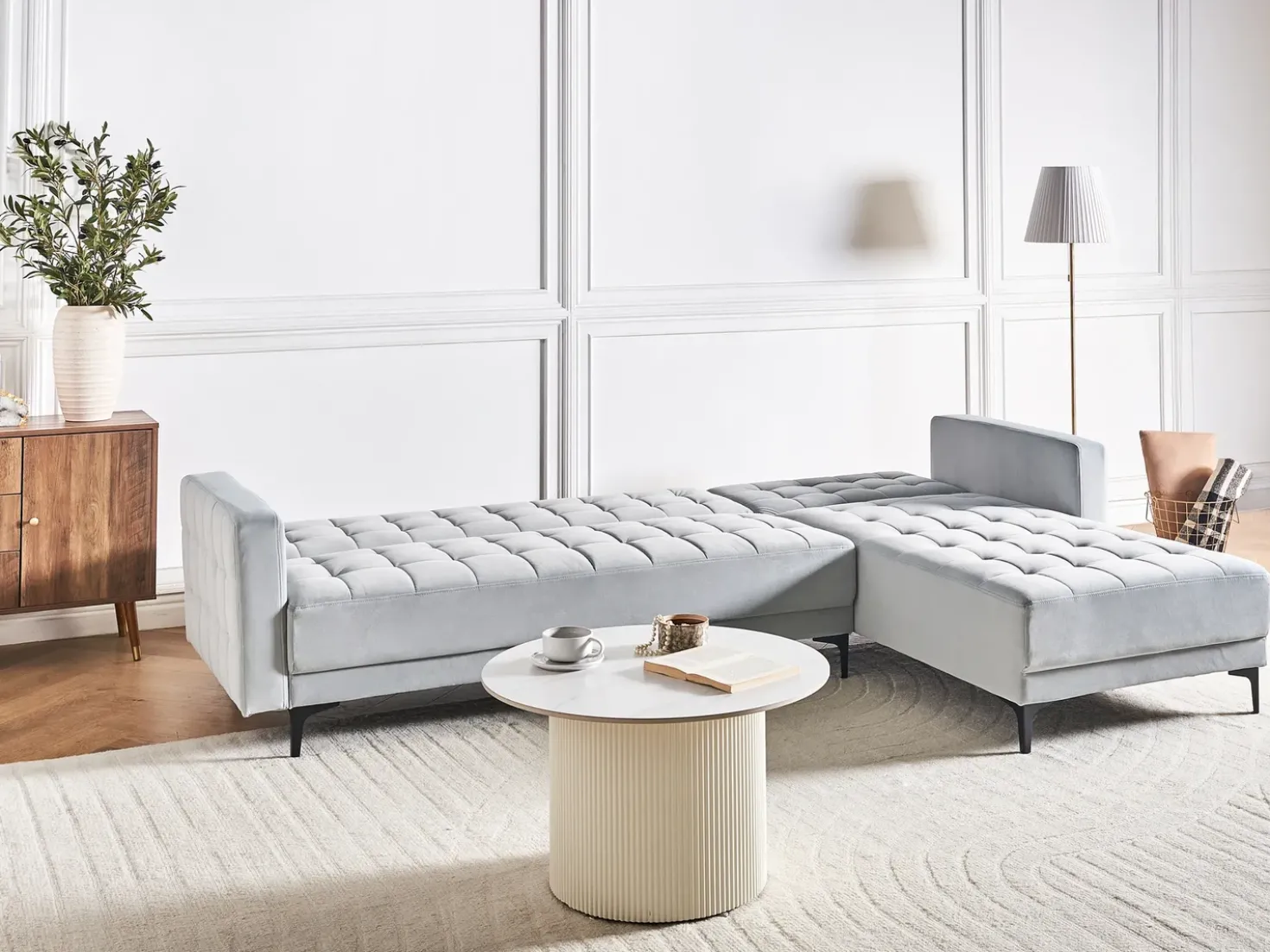 Divano letto angolare modulare 4 posti ABERDEEN Velluto Grigio chiaro Lato Sinistro