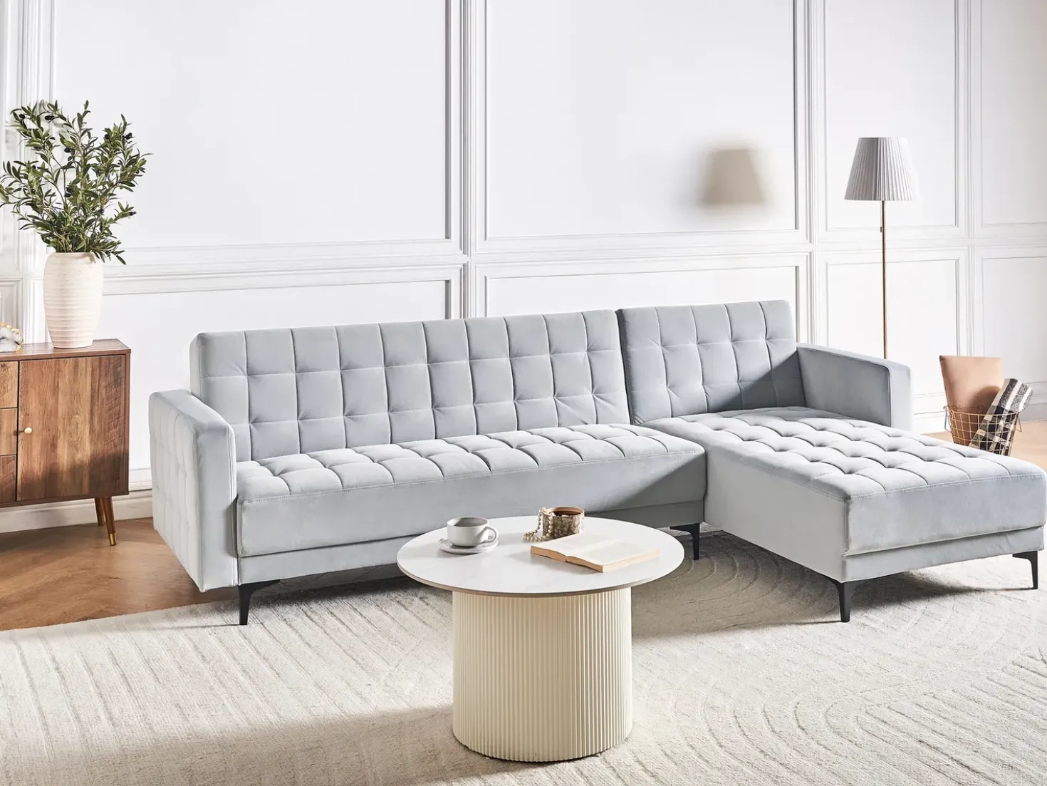 Divano letto angolare modulare 4 posti ABERDEEN Velluto Grigio chiaro Lato Sinistro