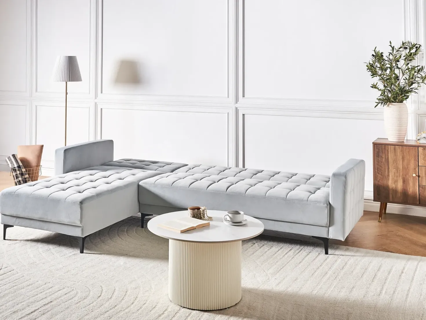 Divano letto angolare modulare 4 posti ABERDEEN Velluto Grigio chiaro Lato destro