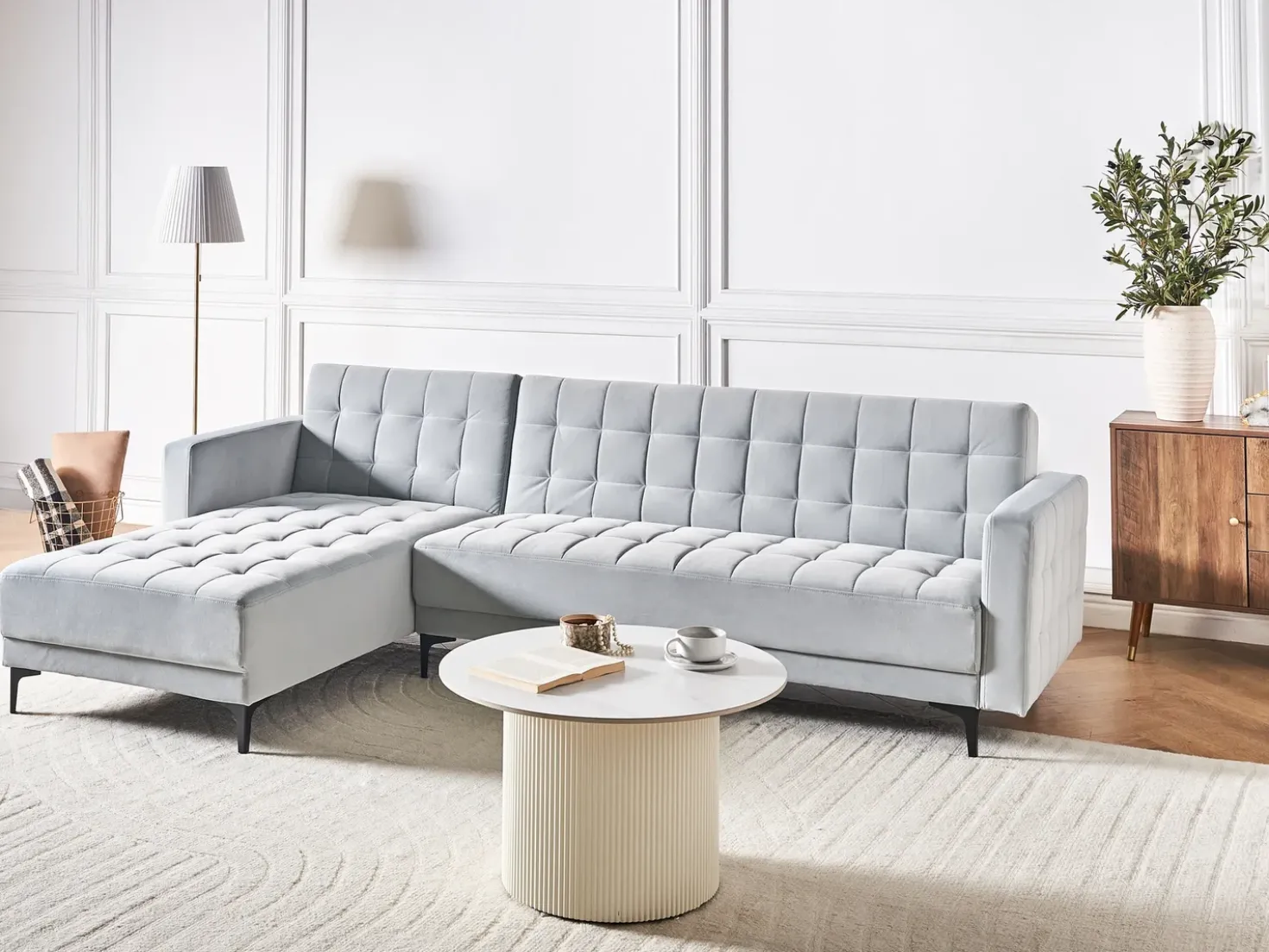 Divano letto angolare modulare 4 posti ABERDEEN Velluto Grigio chiaro Lato destro
