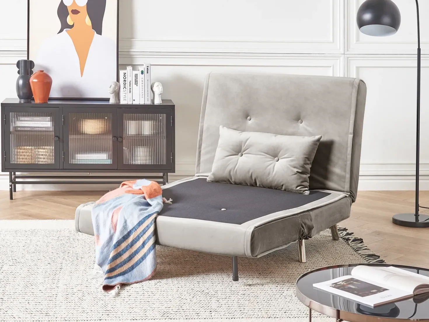 Divano letto singolo FARRIS Velluto Grigio chiaro
