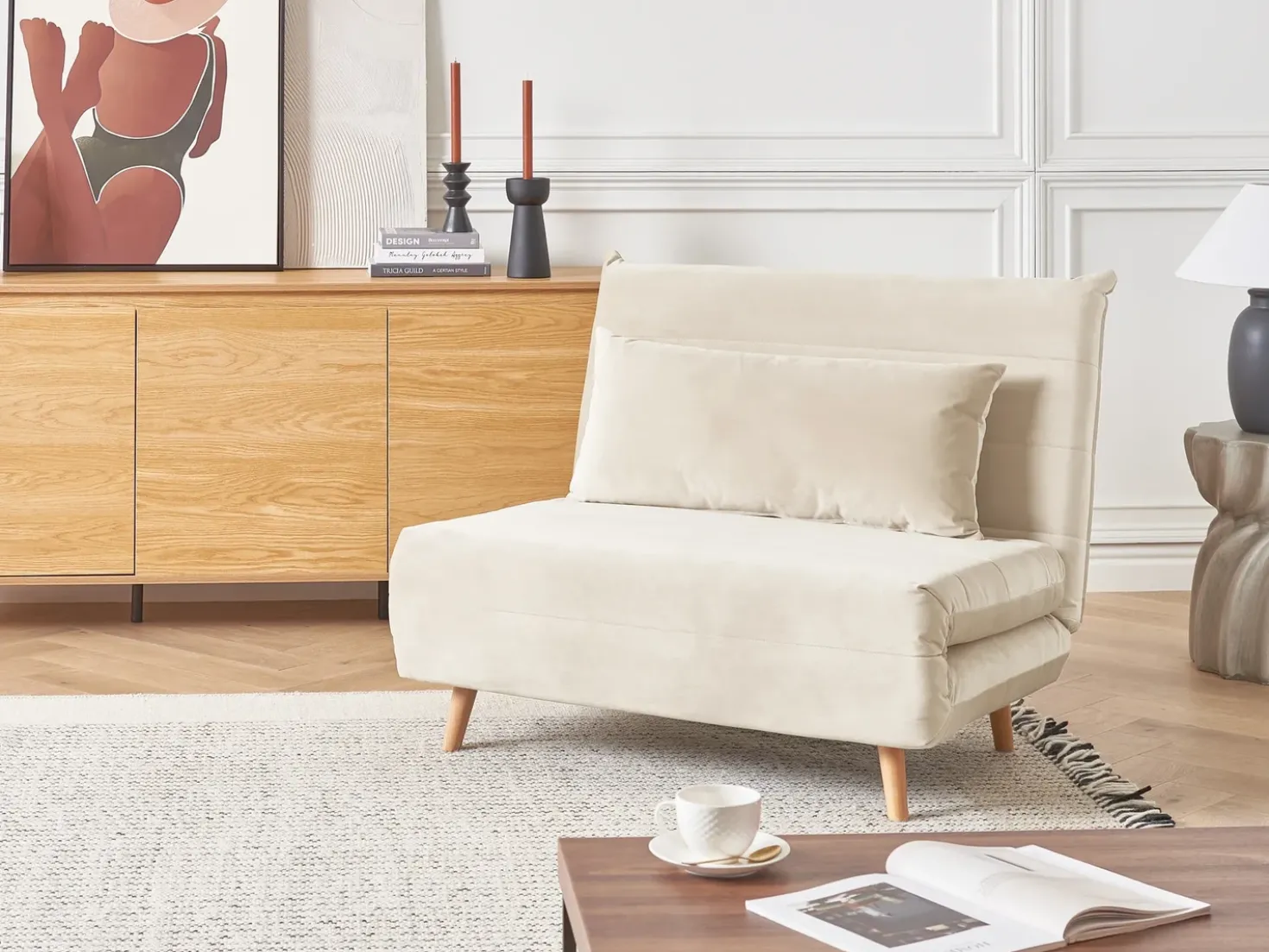 Divano letto singolo SETTEN Velluto Beige chiaro