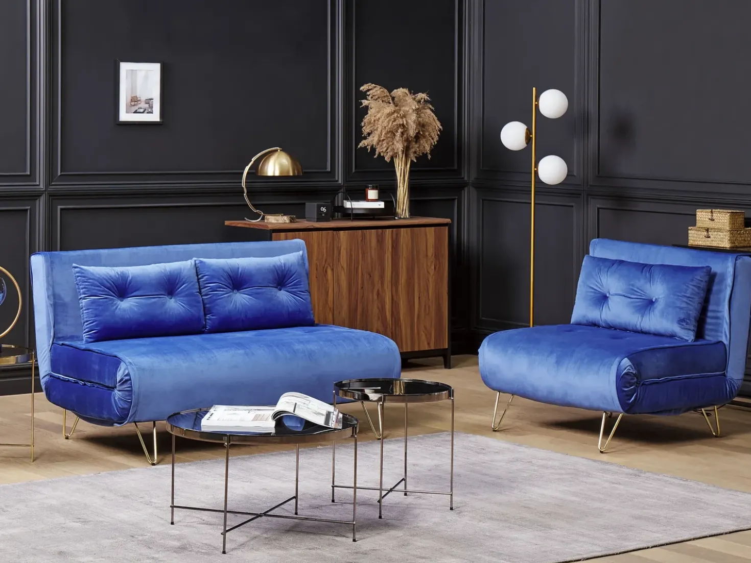 Divano letto singolo VESTFOLD Velluto Blu marino