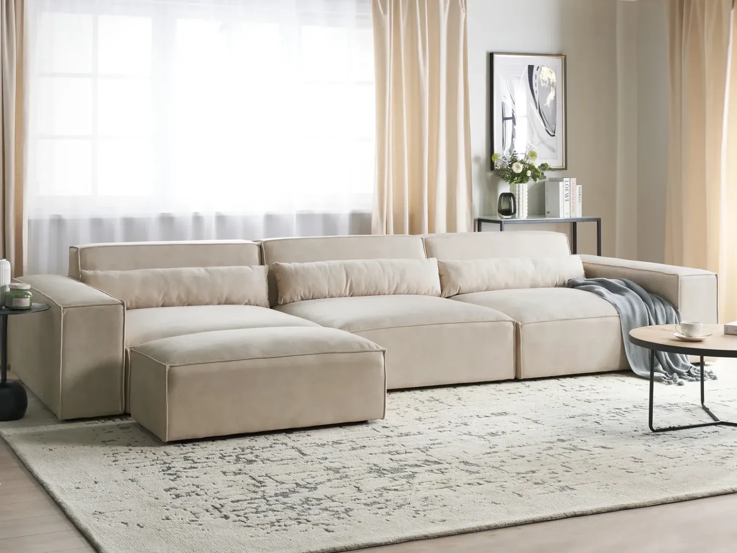 Divano modulare 3 posti HELLNAR Velluto Beige chiaro con ottomana