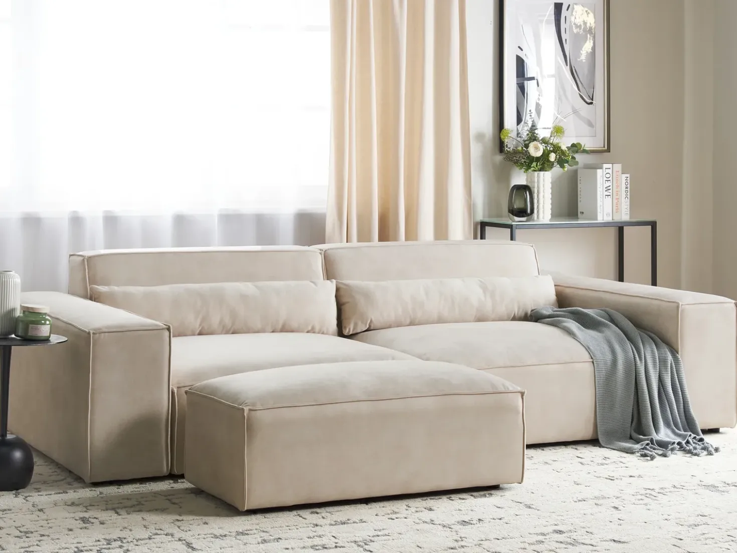 Divano modulare 3 posti HELLNAR Velluto Beige chiaro con ottomana