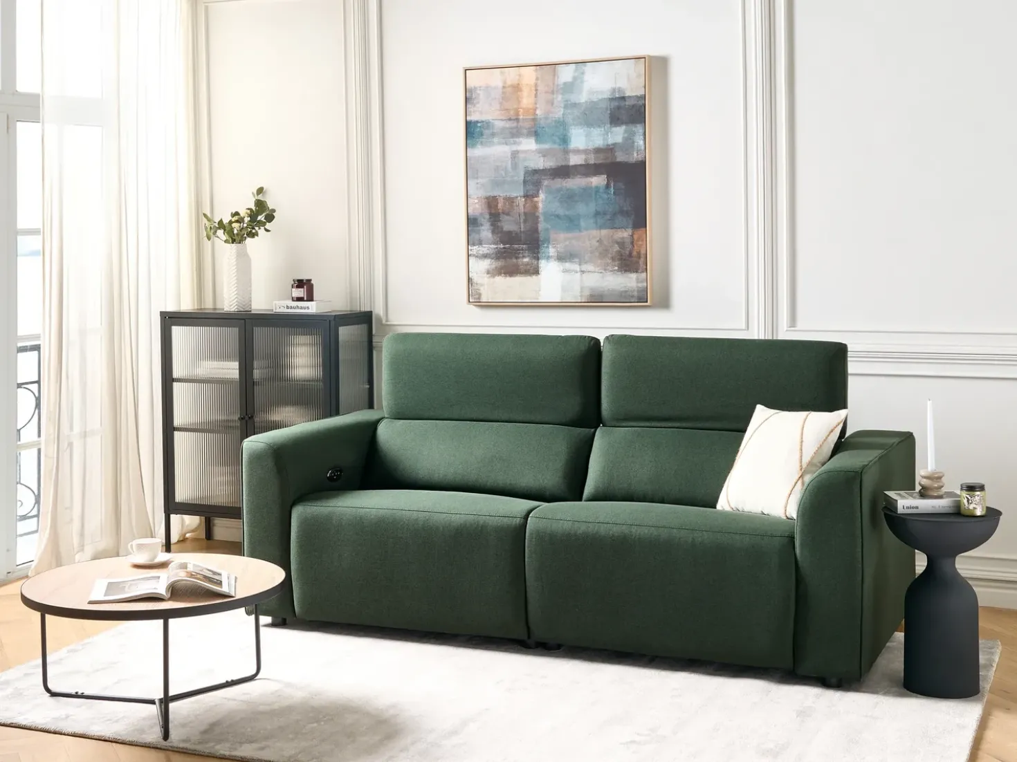 Divano reclinabile elettrico 2 posti ULVEN Tessuto Verde scuro con porta USB