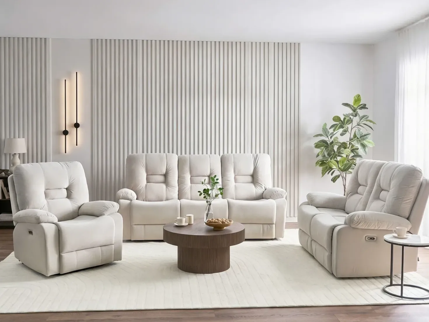 Divano reclinabile elettrico 3 posti BERGEN Velluto Beige chiaro con porta USB