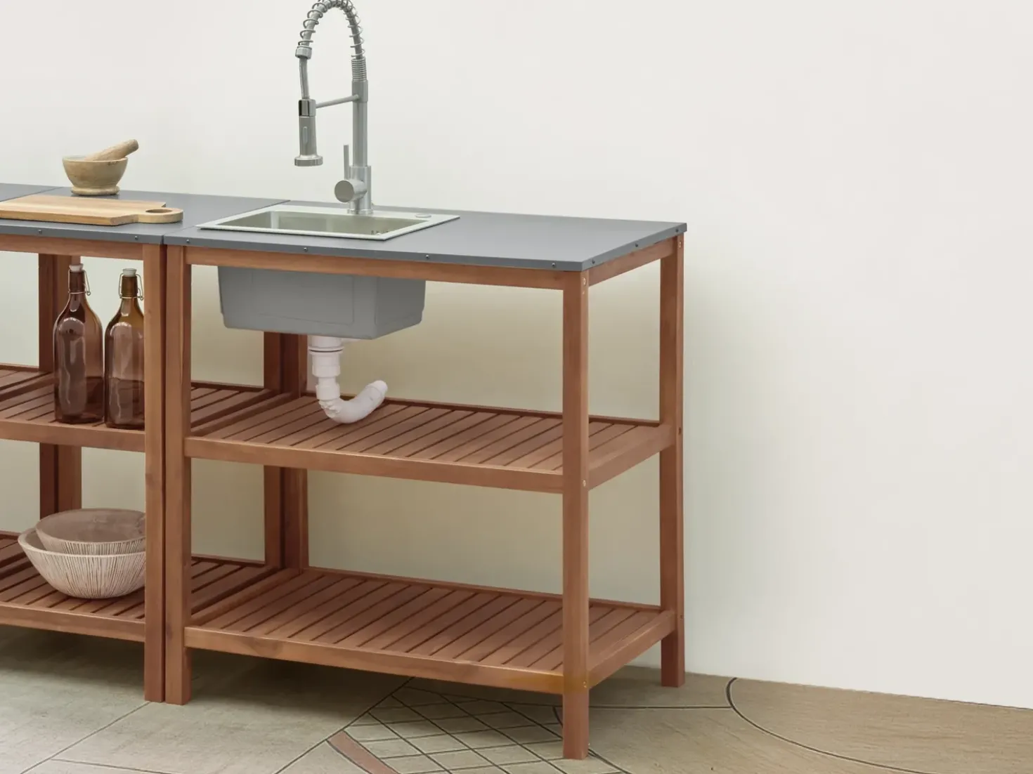 Isola per cucina esterna con lavello BRUCOLI Legno d'acacia Marrone/Argento