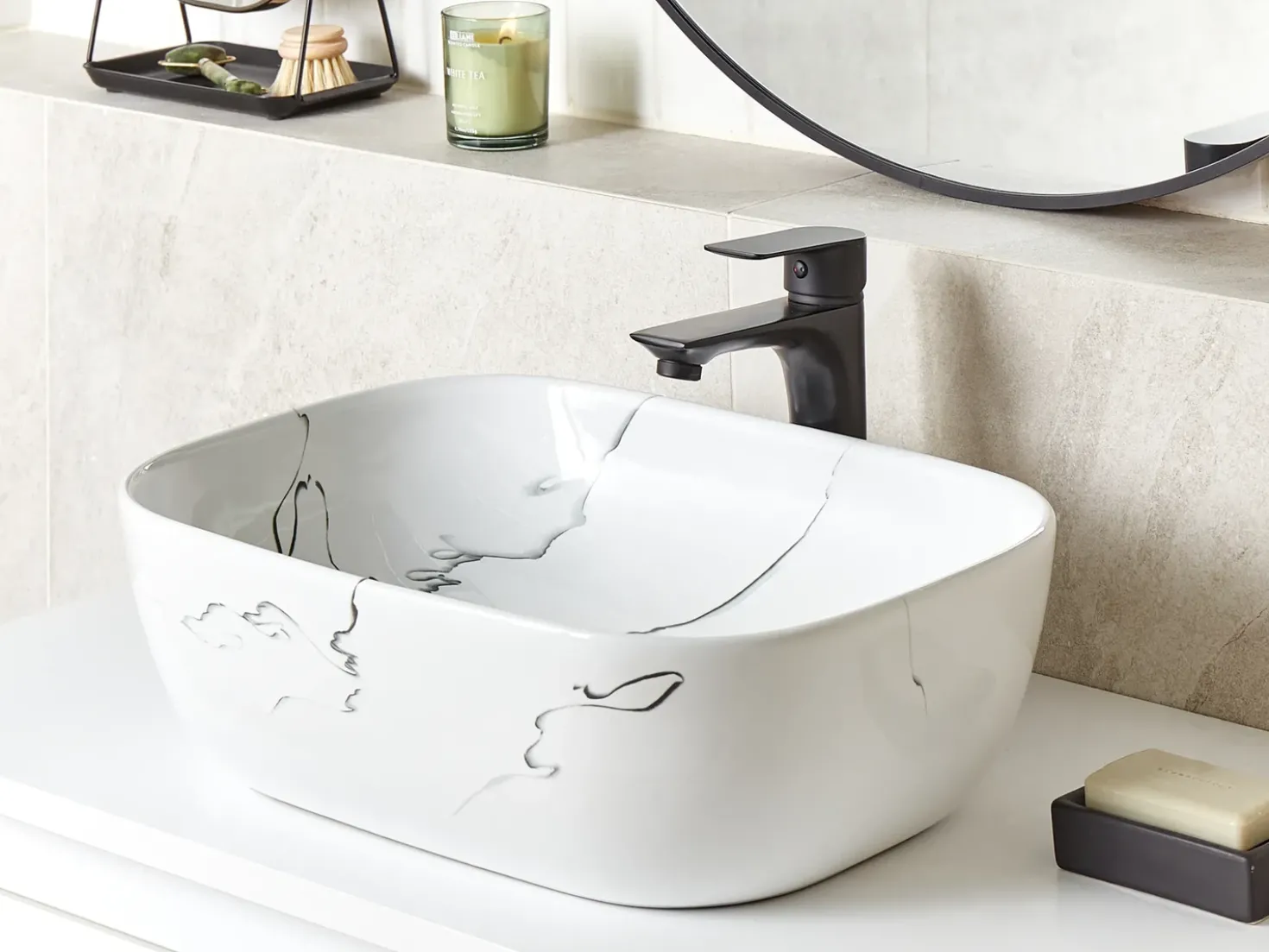Lavabo da appoggio HOPI 47 x 34 cm Ceramica Marmo bianco