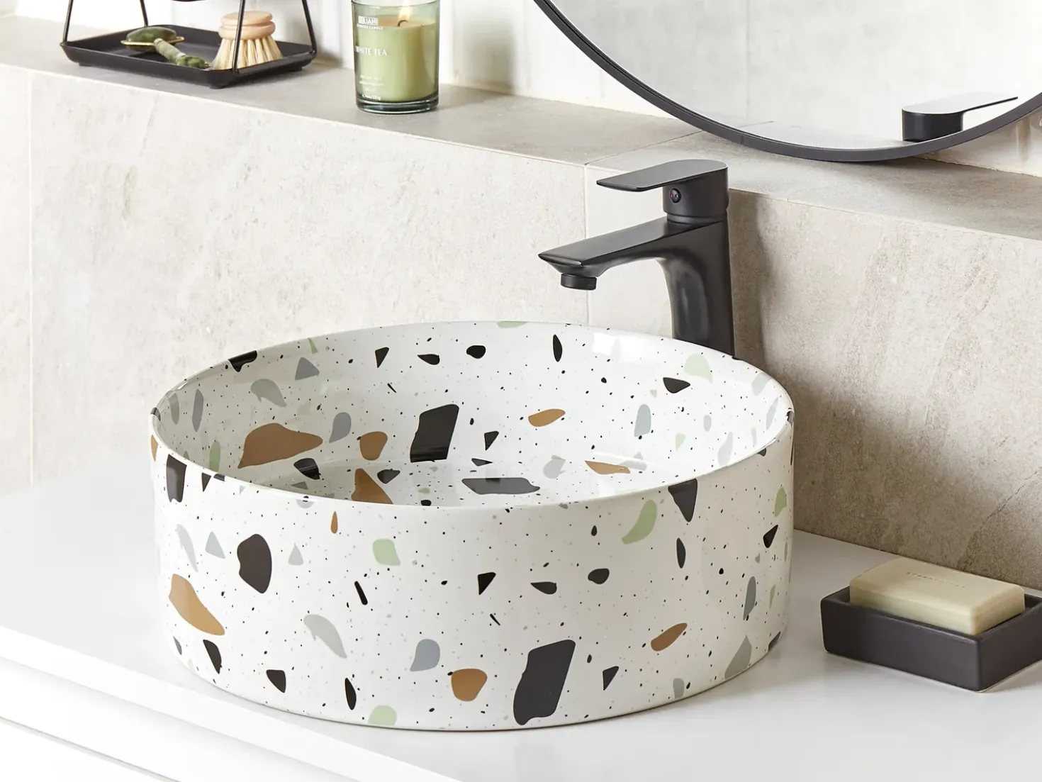 Lavabo da appoggio NULES ⌀ 40 cm Ceramica Terrazzo Bianco