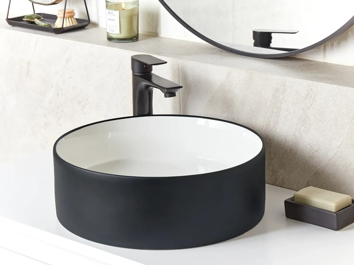 Lavabo da appoggio TEBAR ⌀ 40 cm Ceramica Nero/Bianco