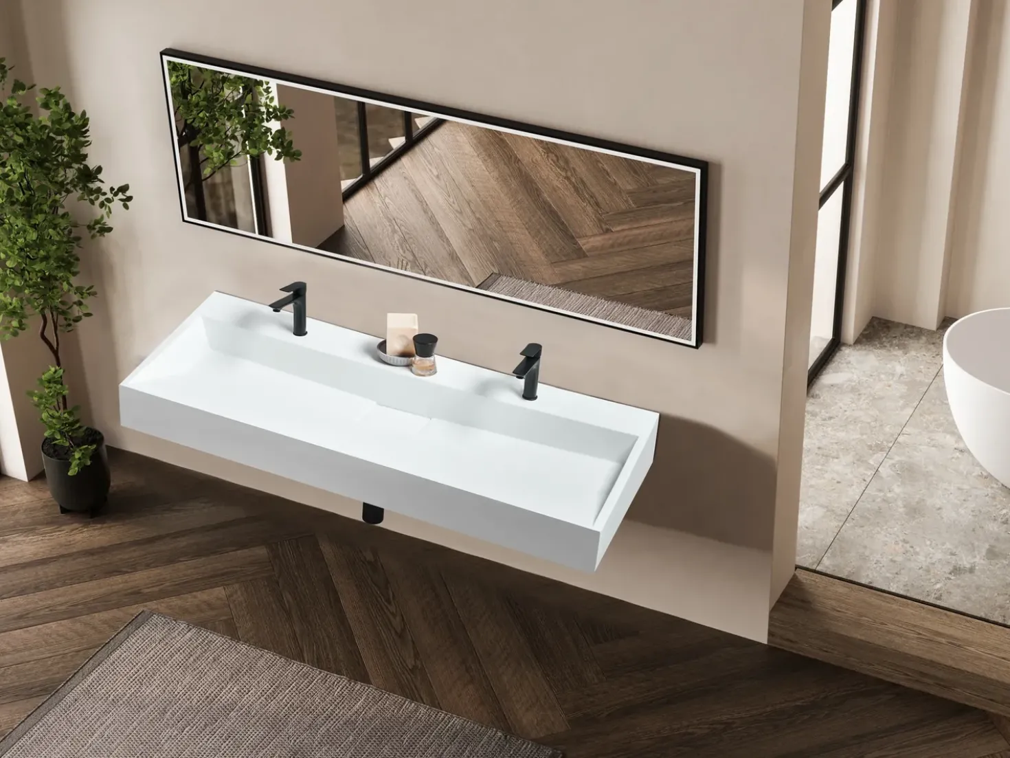 Lavabo doppio sospeso QUENKO 120 x 46 cm Composito minerale Bianco