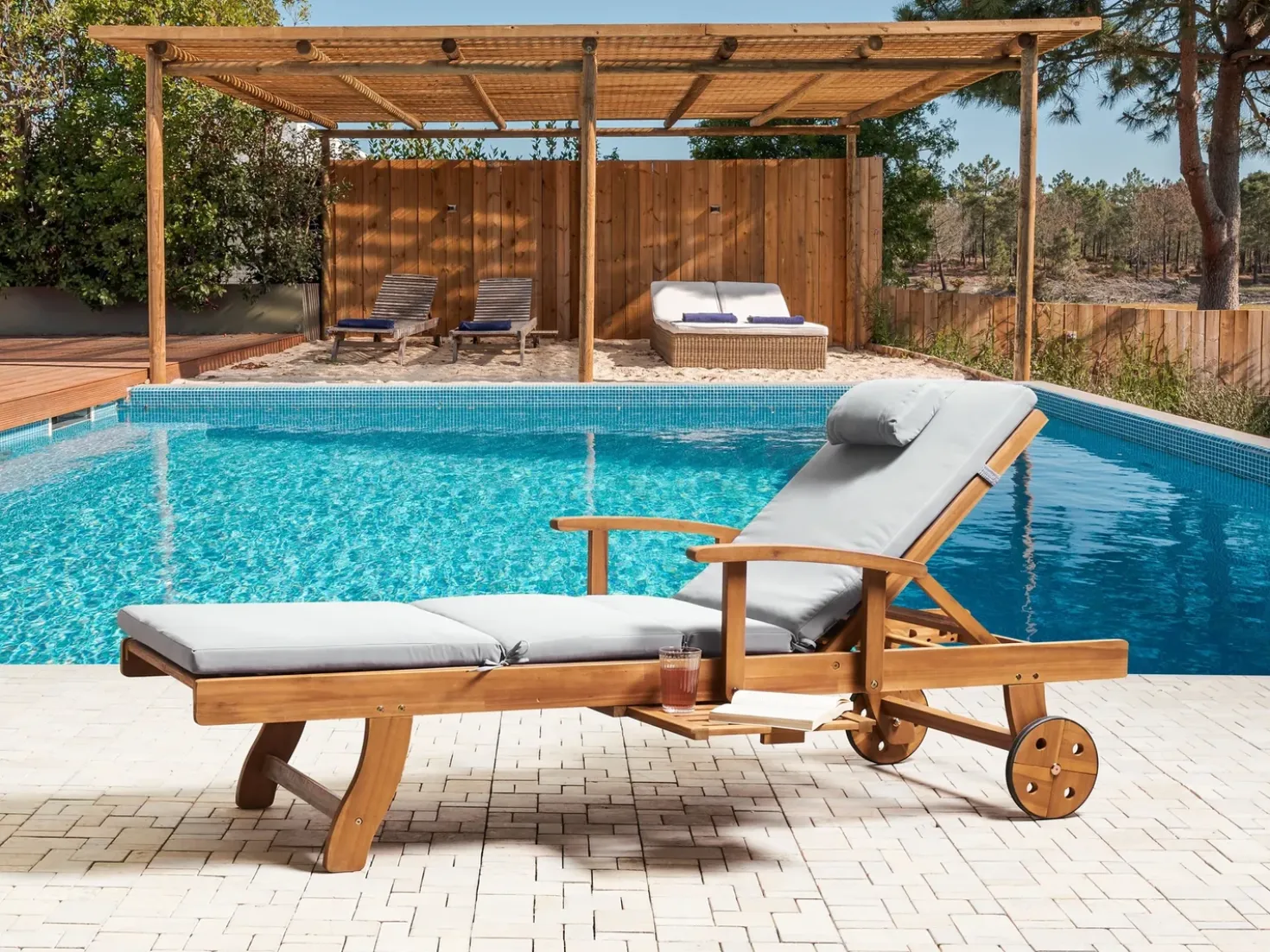 Lettino Prendisole con Cuscino JAVA PREMIUM Legno d'acacia Grigio chiaro