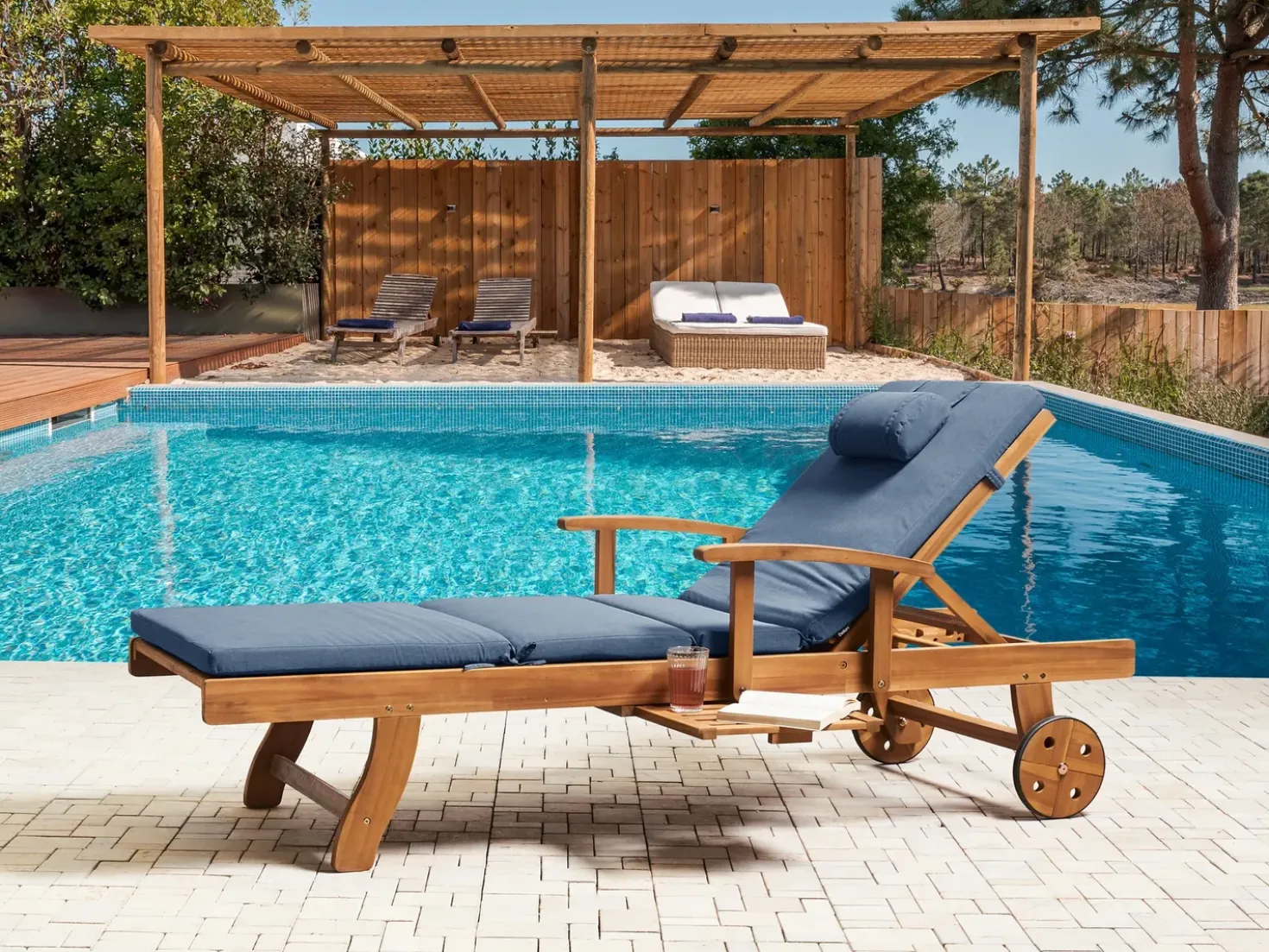 Lettino Prendisole con Cuscino JAVA PREMIUM Legno d'acacia Blu