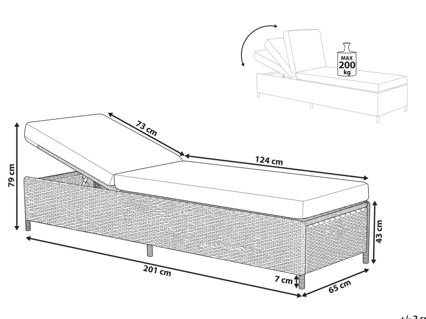 Lettino Prendisole con Cuscino TURIN Rattan sintetico (PE) Grigio