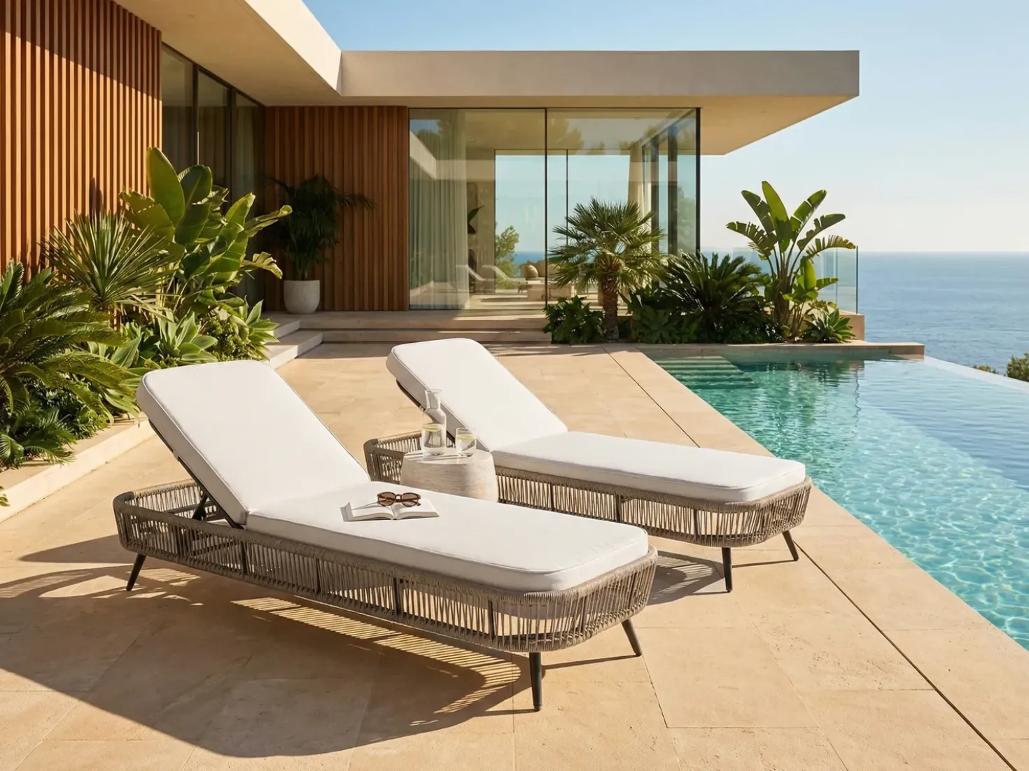 Lettino Prendisole con Cuscino ZERI Rattan sintetico (PE) Beige chiaro