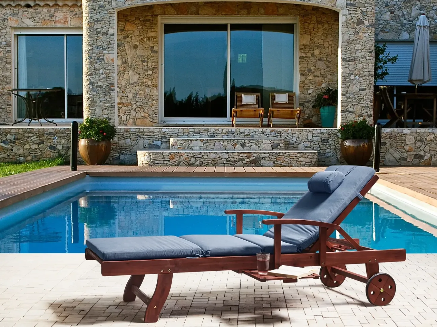 Lettino Prendisole con Cuscino TOSCANA PREMIUM Legno d'acacia Blu
