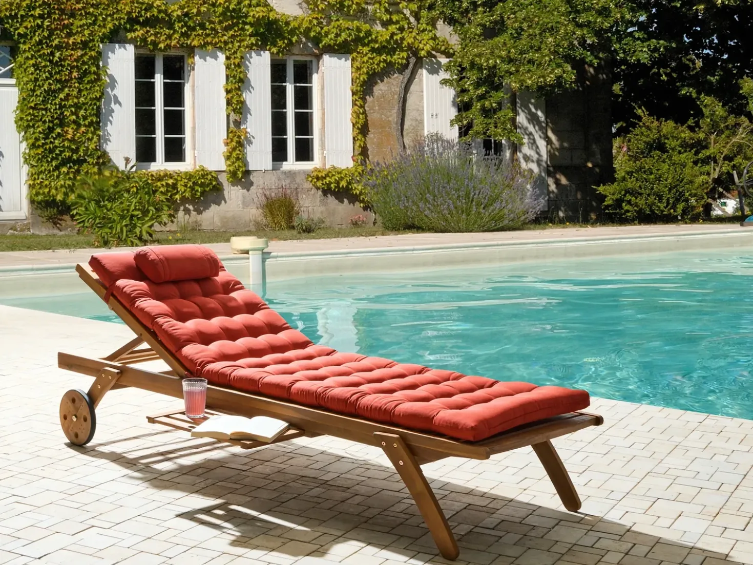 Lettino Prendisole con Cuscino CESANA PREMIUM Legno d'acacia Rosso