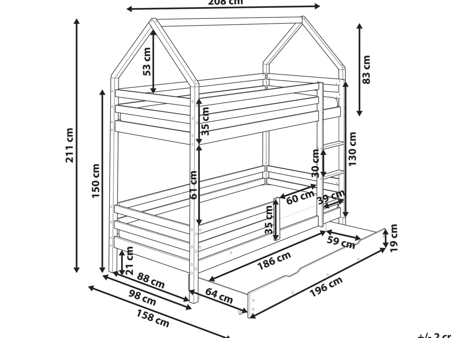 Letto a castello con cassetti Casa Legno di pino GIRGOLS 90 x 200 cm con contenitore Marrone chiaro