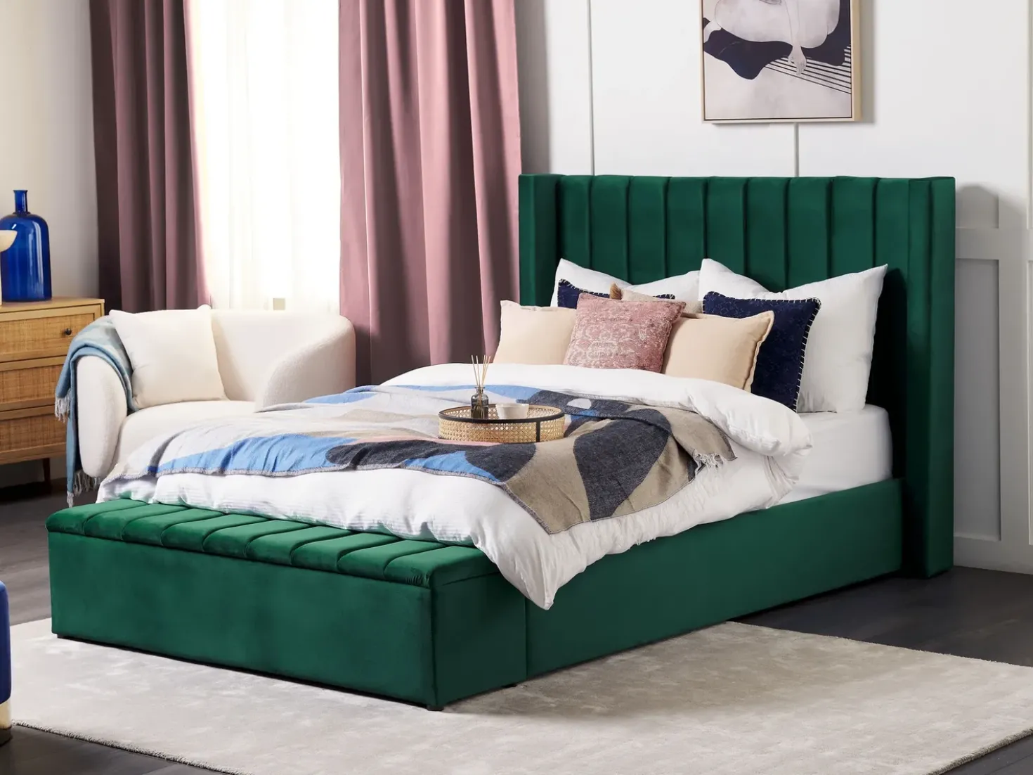 Letto ad acqua con panca contenitore Velluto NOYERS 140 x 200 cm Verde