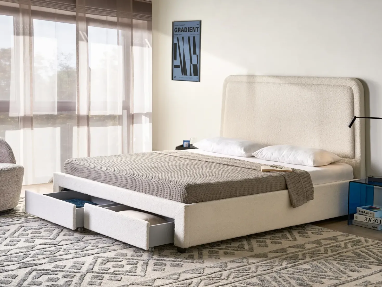 Letto con cassetti contenitori Bouclé SARDENT 180 x 200 cm Bianco sporco