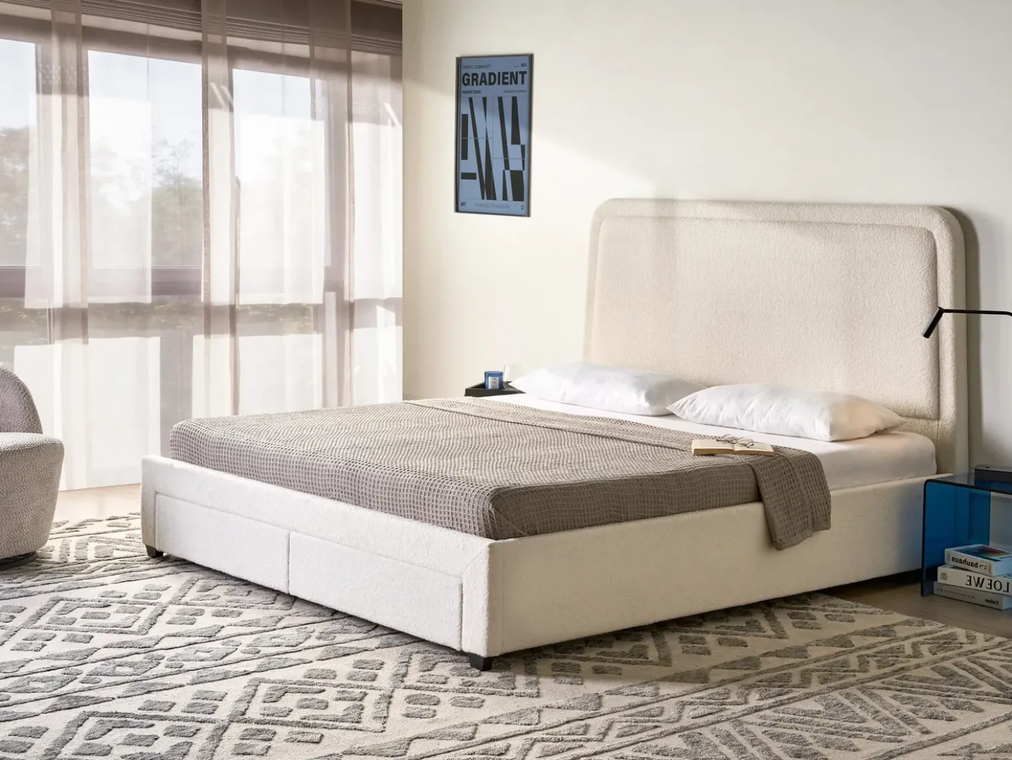 Letto con cassetti contenitori Bouclé SARDENT 180 x 200 cm Bianco sporco