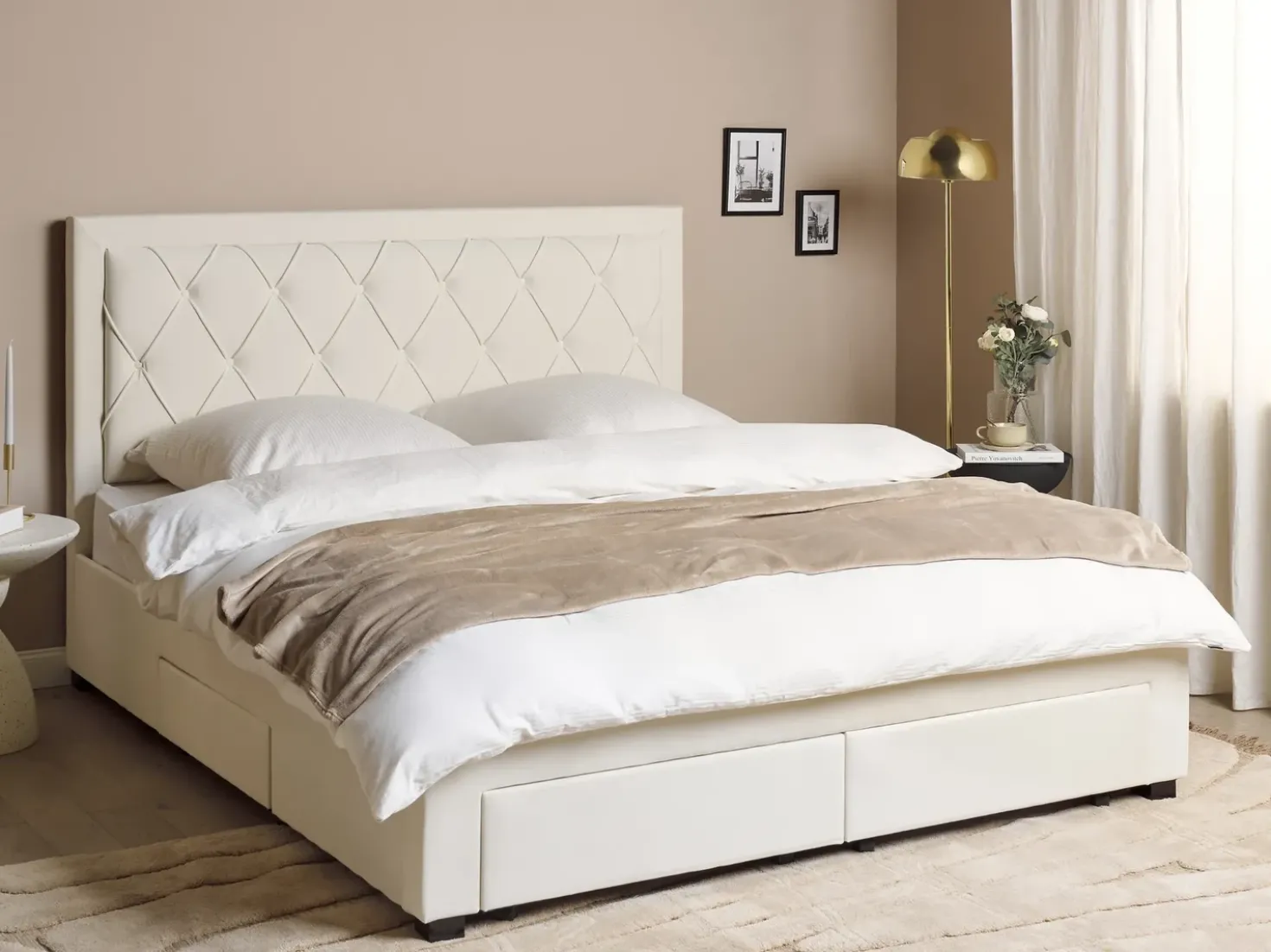 Letto con cassetti contenitori Velluto LIEVIN 180 x 200 cm Beige chiaro