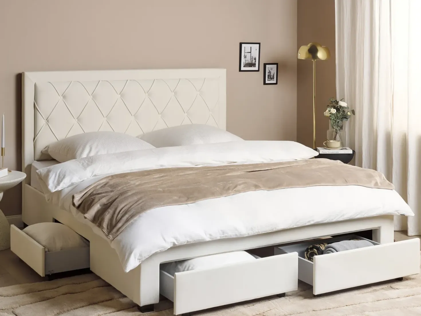 Letto con cassetti contenitori Velluto LIEVIN 180 x 200 cm Beige chiaro