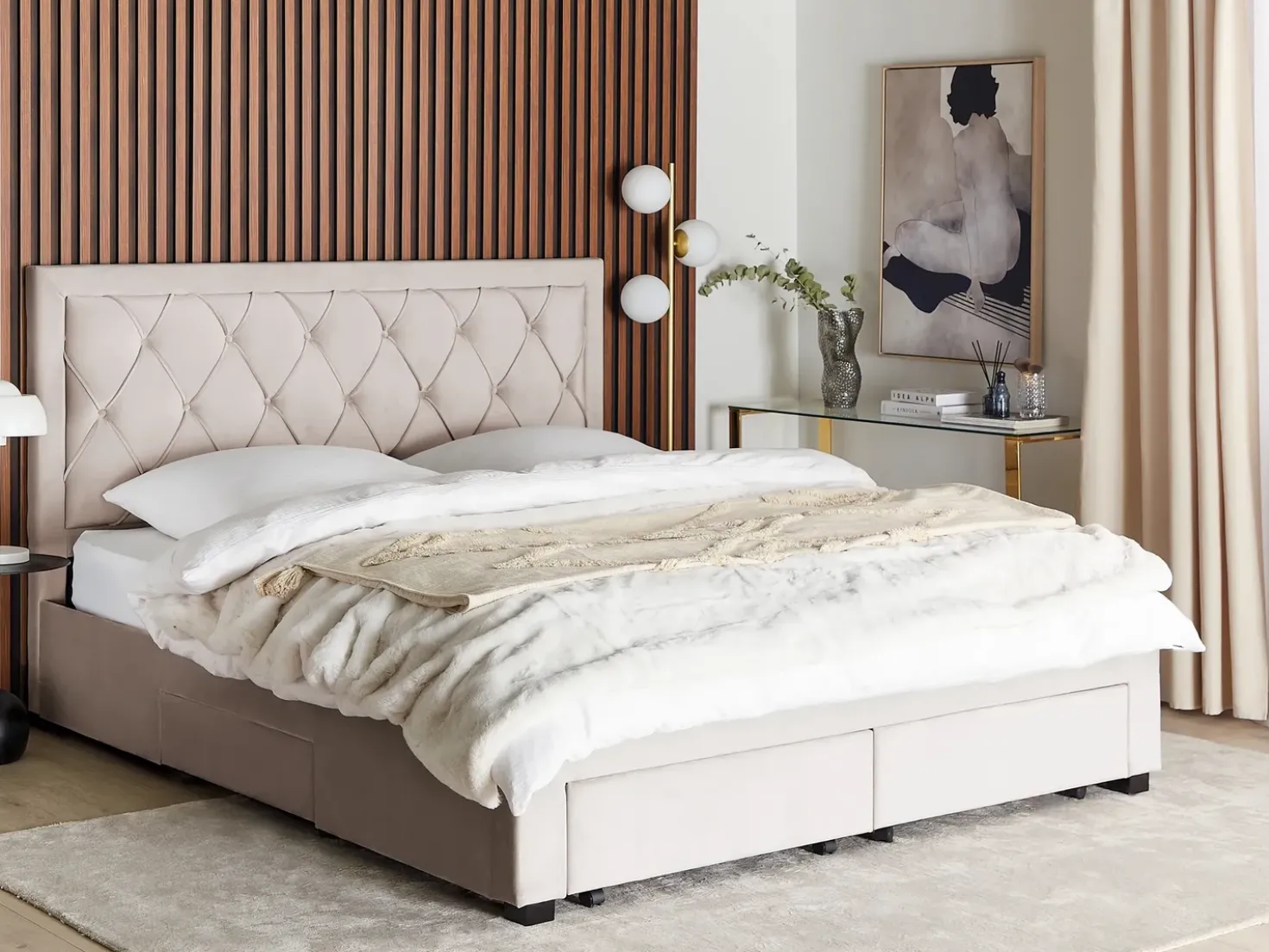 Letto con cassetti contenitori Velluto LIEVIN 180 x 200 cm Beige