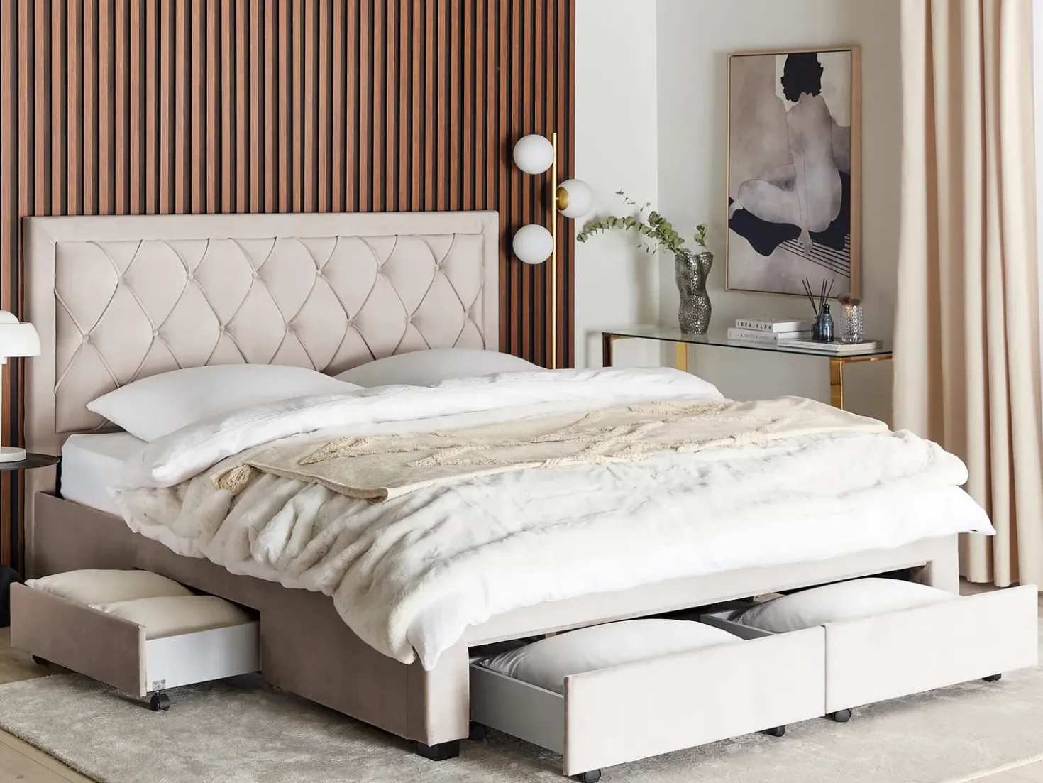 Letto con cassetti contenitori Velluto LIEVIN 180 x 200 cm Beige