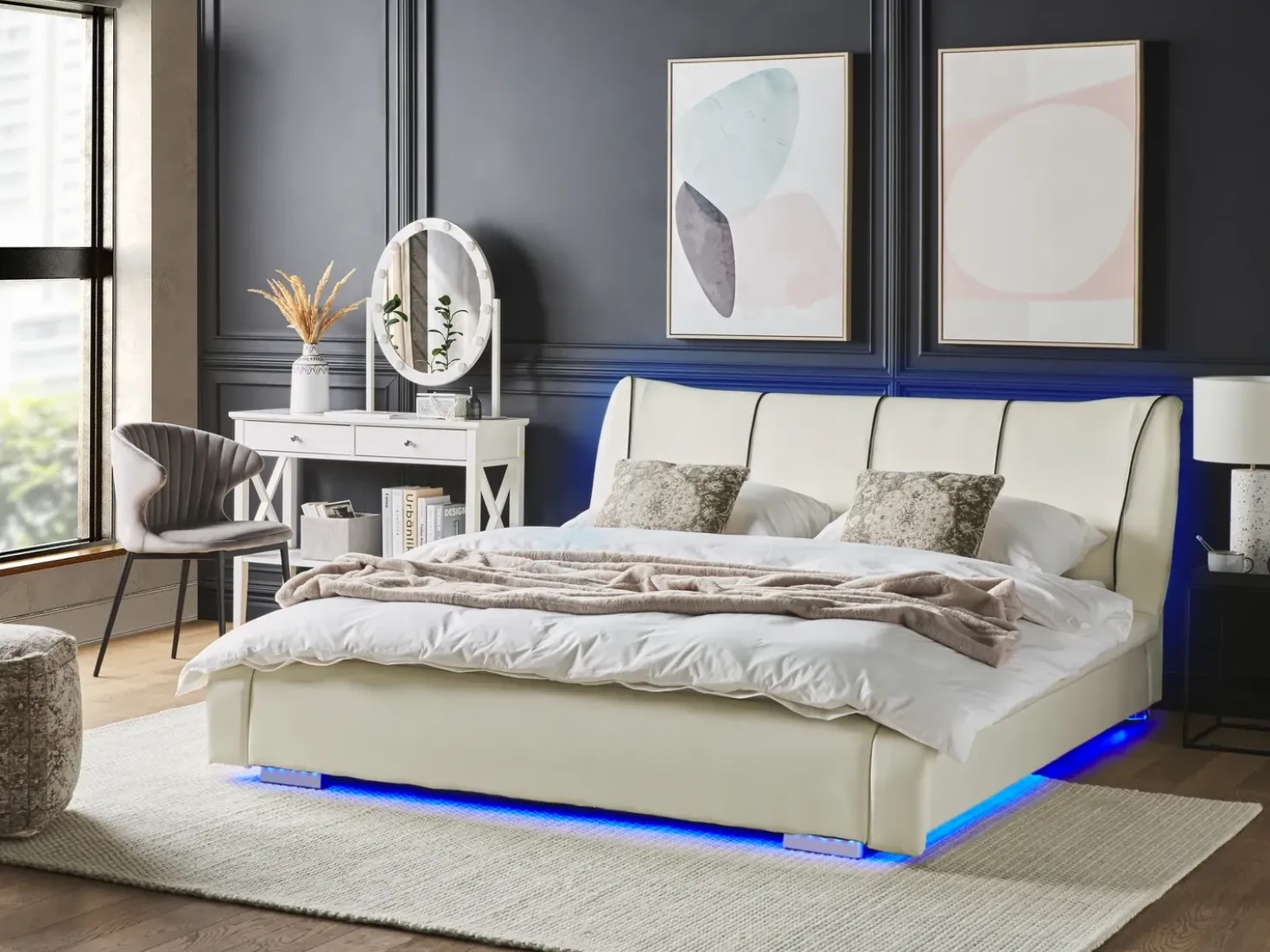 Letto con LED Pelle naturale NANTES 140 x 200 cm LED Bianco sporco