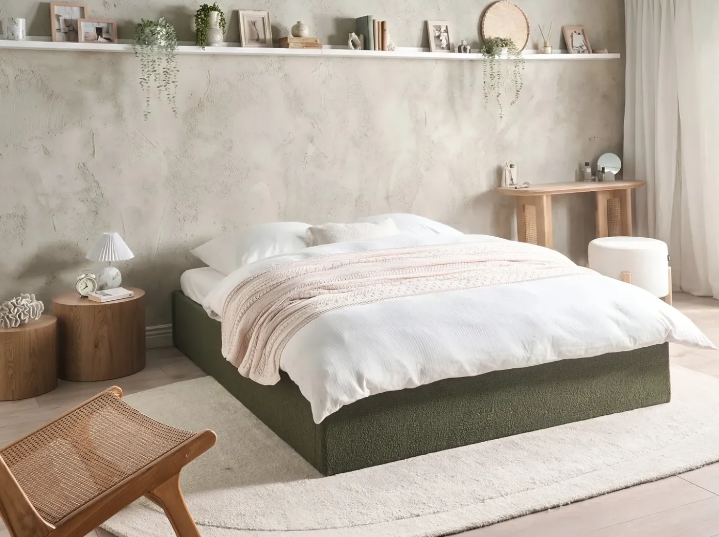Letto con ottomano senza testata Bouclé DINAN 160 x 200 cm Verde scuro