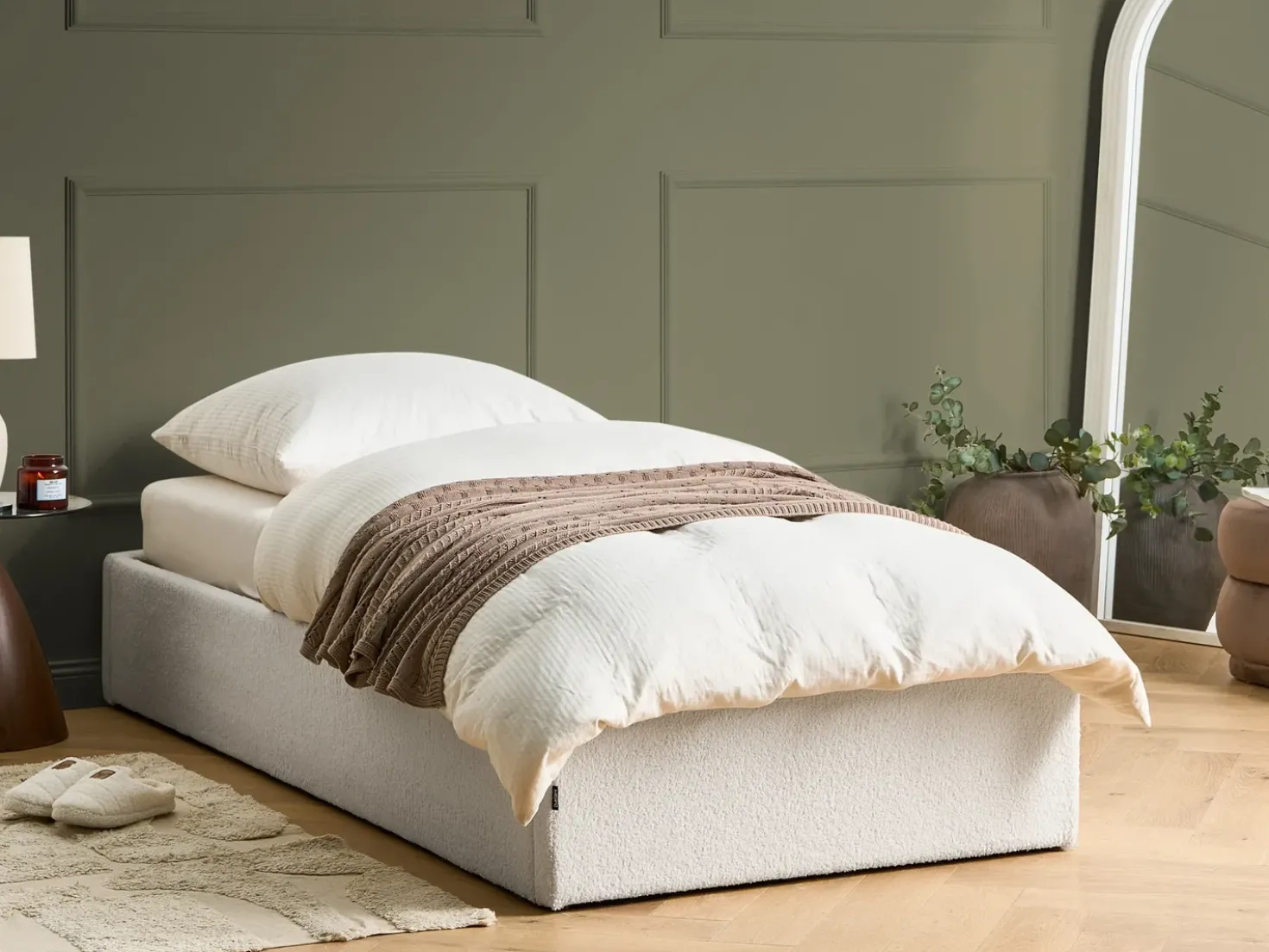 Letto con ottomano senza testata Bouclé DINAN 90 x 200 cm Bianco sporco