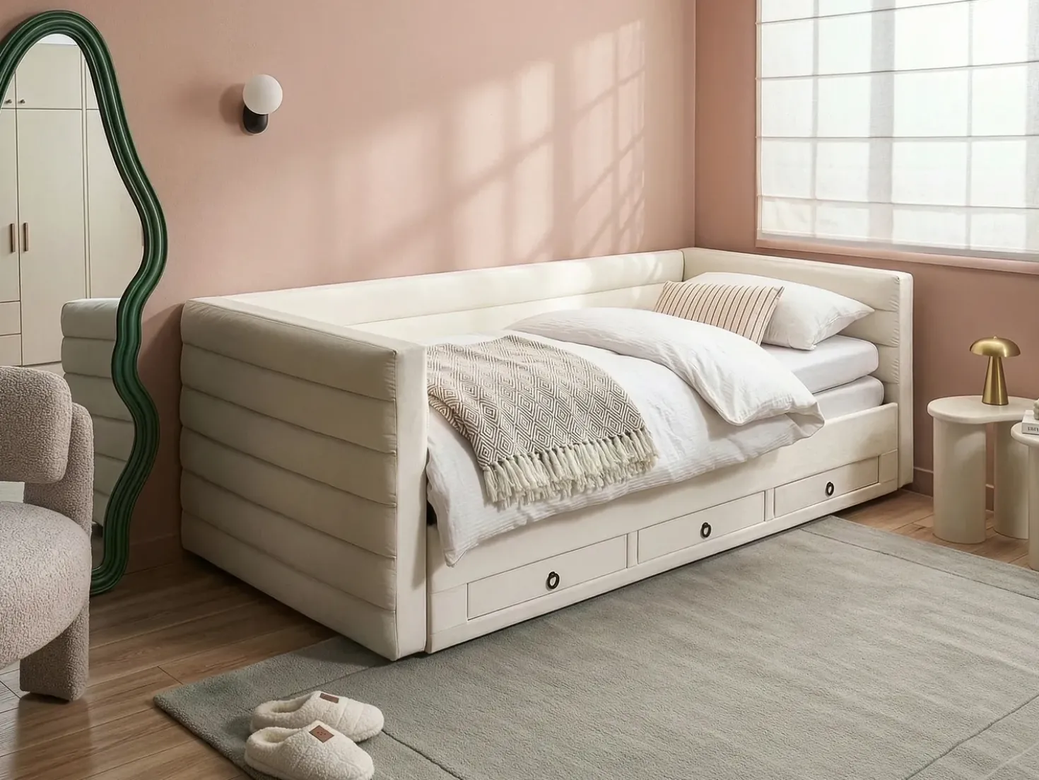 Letto da giorno con contenitore Velluto MEUDON 90 x 200 cm Bianco sporco