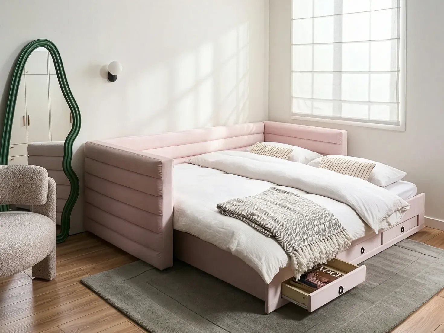 Letto da giorno con contenitore Velluto MEUDON 90 x 200 cm Rosa pastello