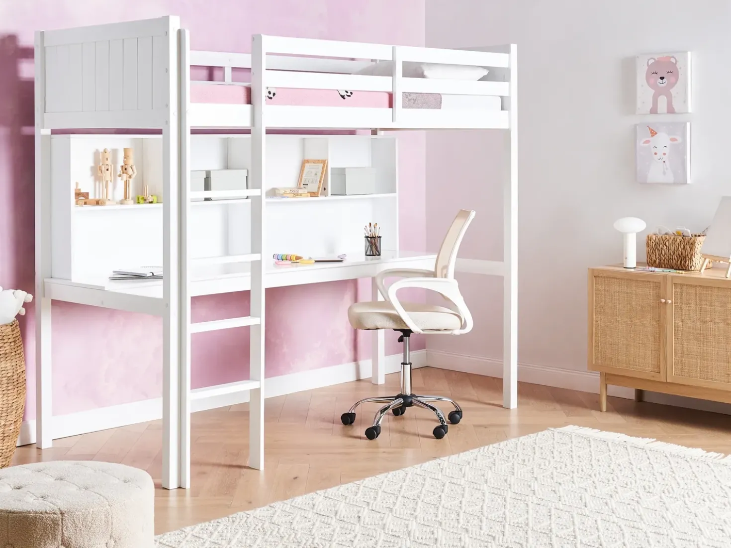 Letto matrimoniale alto con scrivania Legno di pino FOUCAMONT 90 x 200 cm Bianco