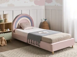 Letto per bambini Arcobaleno Velluto LANDEILLAU 90 x 200 cm Rosa