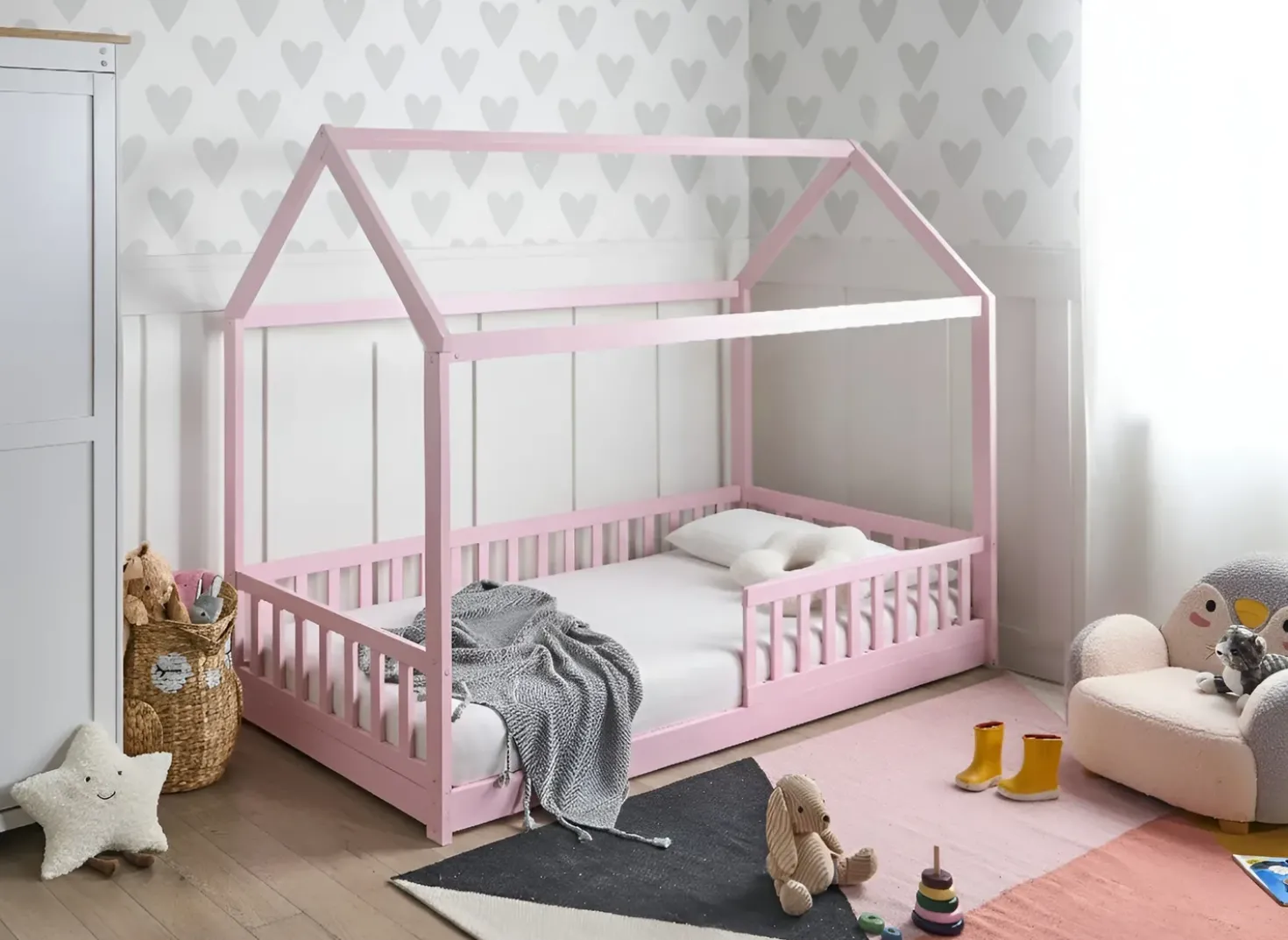 Letto per bambini Casa Legno di pino COSSAYE 90 x 200 cm Rosa pastello