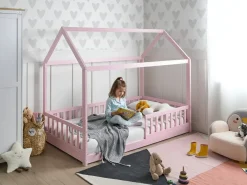 Letto per bambini Casa Legno di pino COSSAYE 90 x 200 cm Rosa pastello