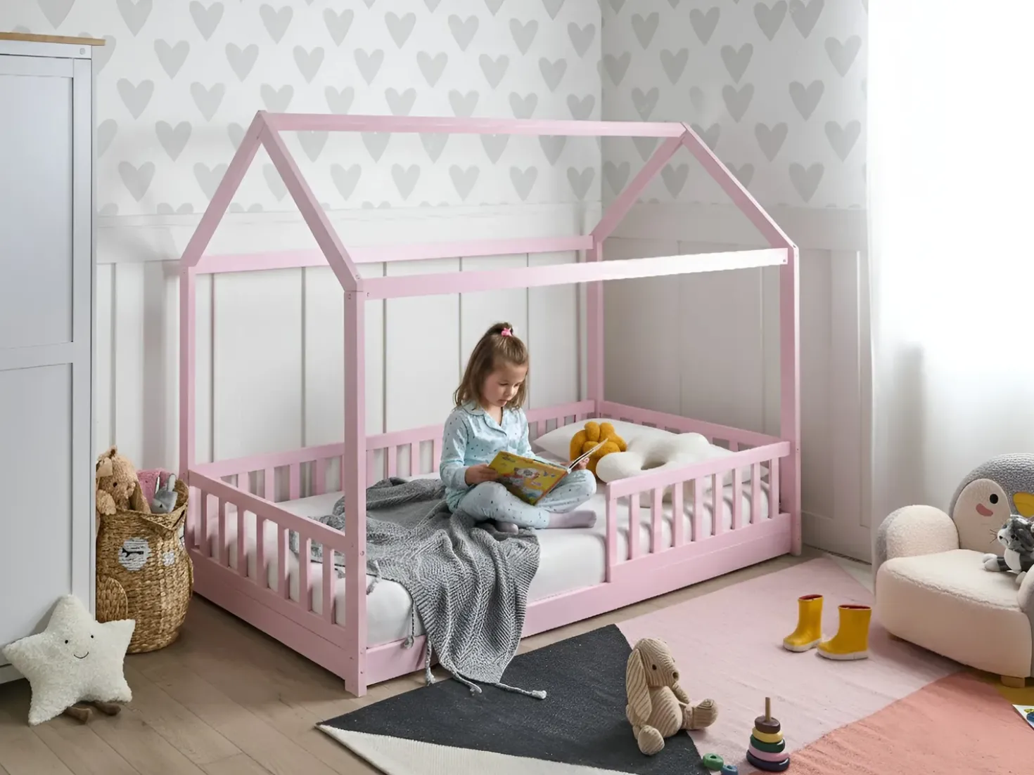 Letto per bambini Casa Legno di pino COSSAYE 90 x 200 cm Rosa pastello