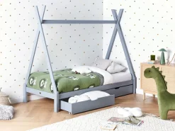 Letto per bambini con cassetti Tenda Tipi Legno di pino DEVAY 90 x 200 cm Grigio