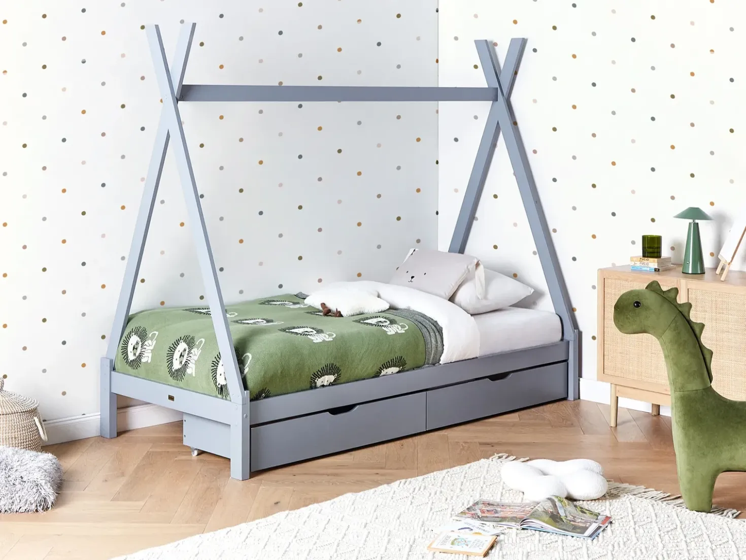 Letto per bambini con cassetti Tenda Tipi Legno di pino DEVAY 90 x 200 cm Grigio
