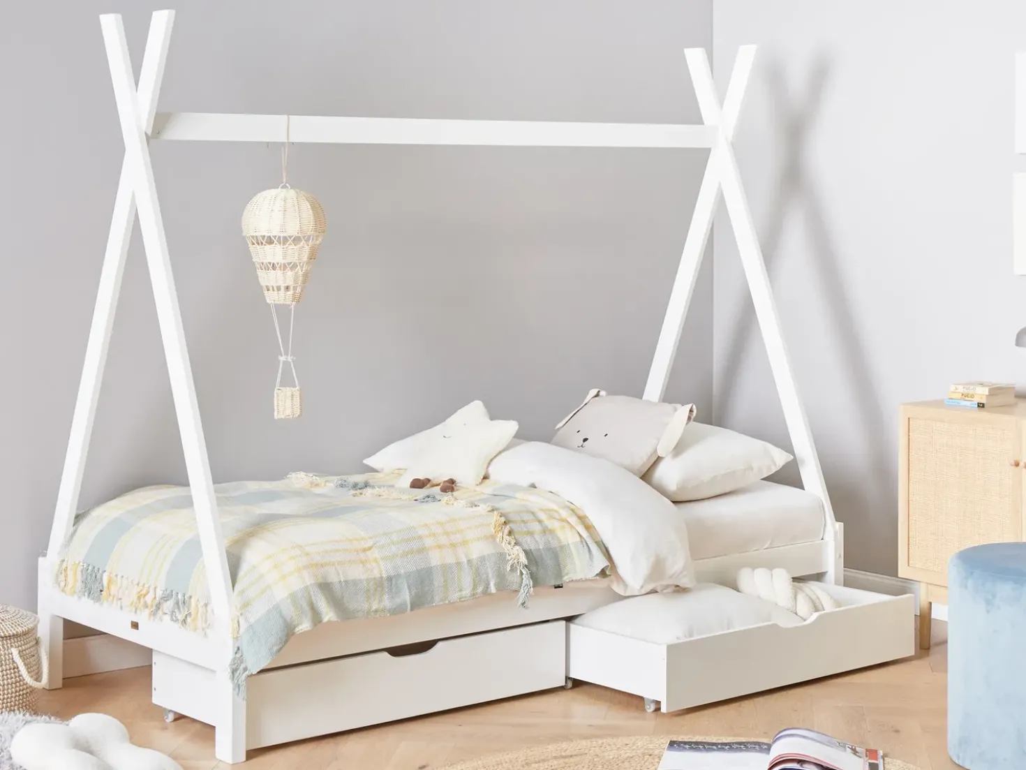 Letto per bambini con cassetti Tenda Tipi Legno di pino DEVAY 90 x 200 cm Bianco
