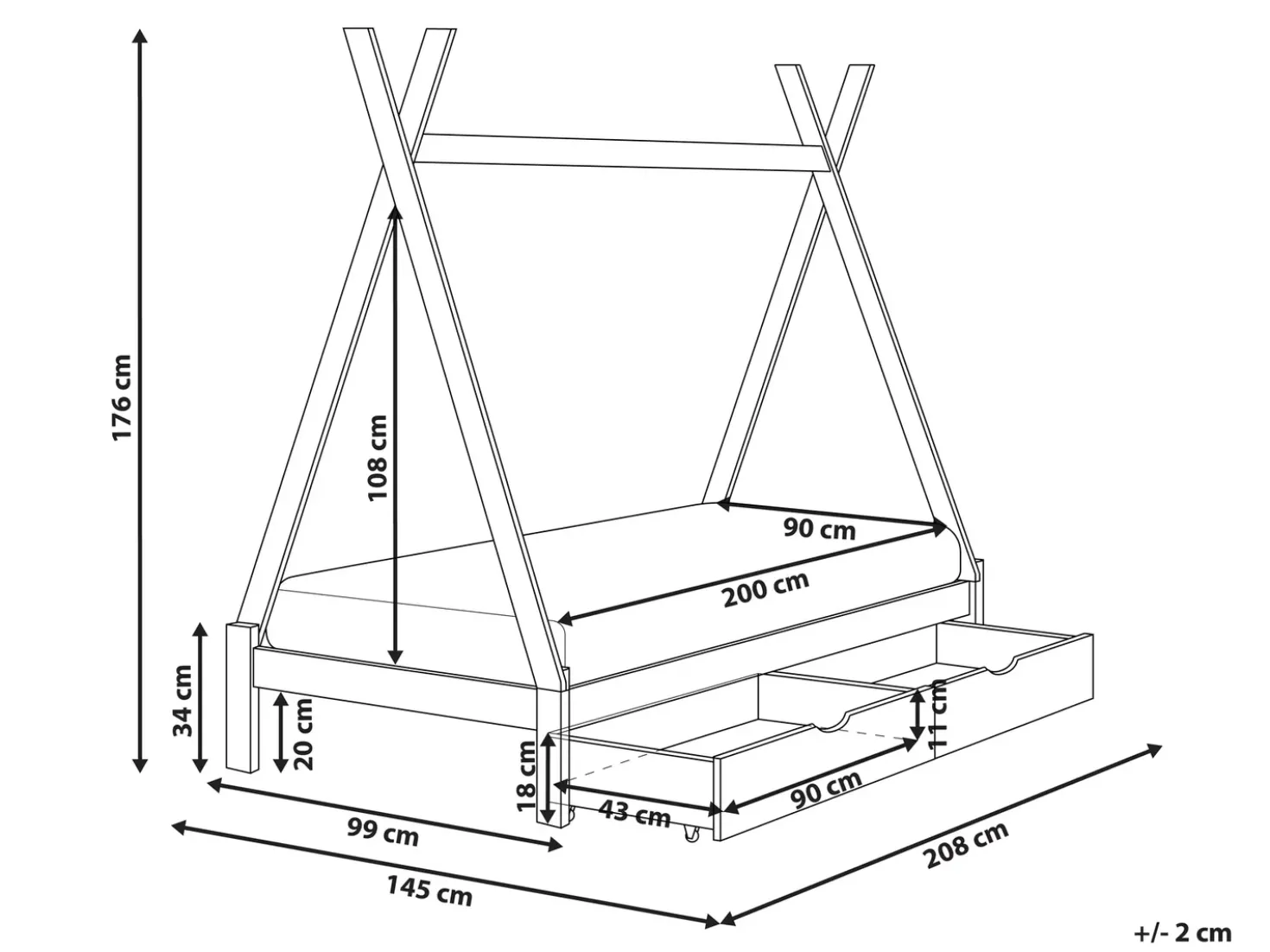 Letto per bambini con cassetti Tenda Tipi Legno di pino DEVAY 90 x 200 cm Bianco
