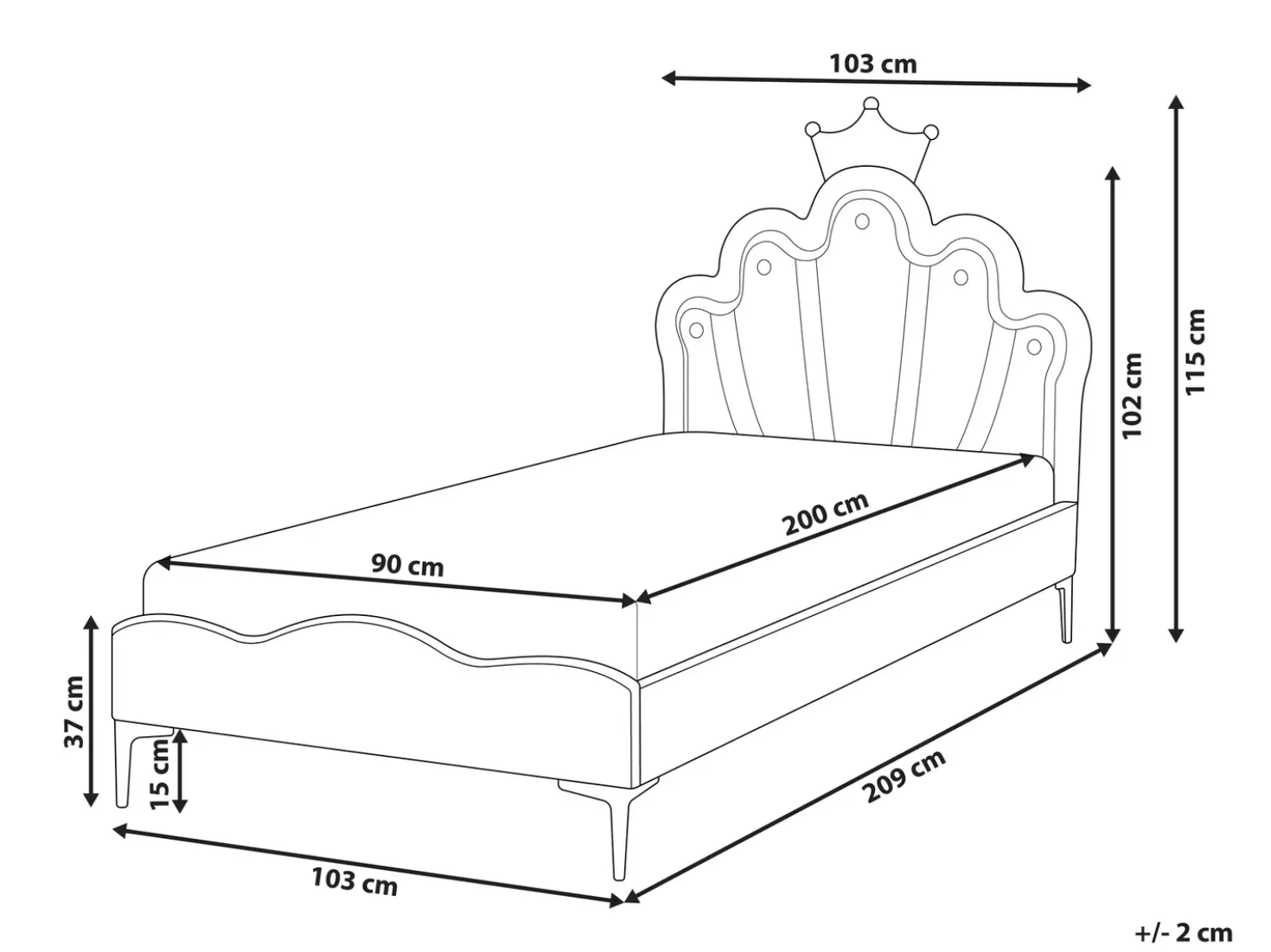 Letto per bambini Corona Velluto RUBIAN 90 x 200 cm con Luci LED Bianco